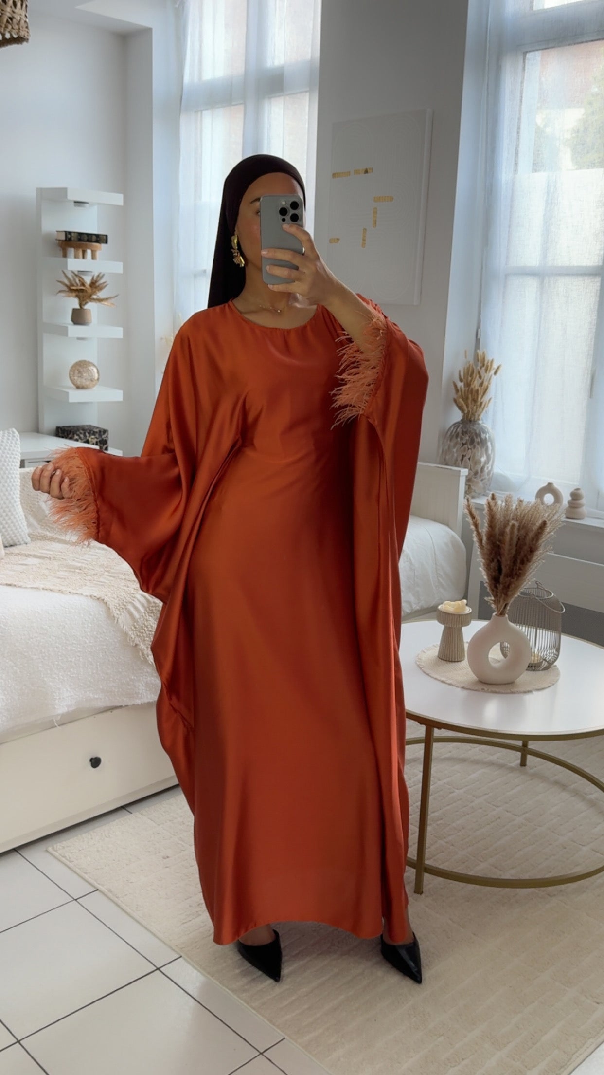 Abaya plume couleur rouille