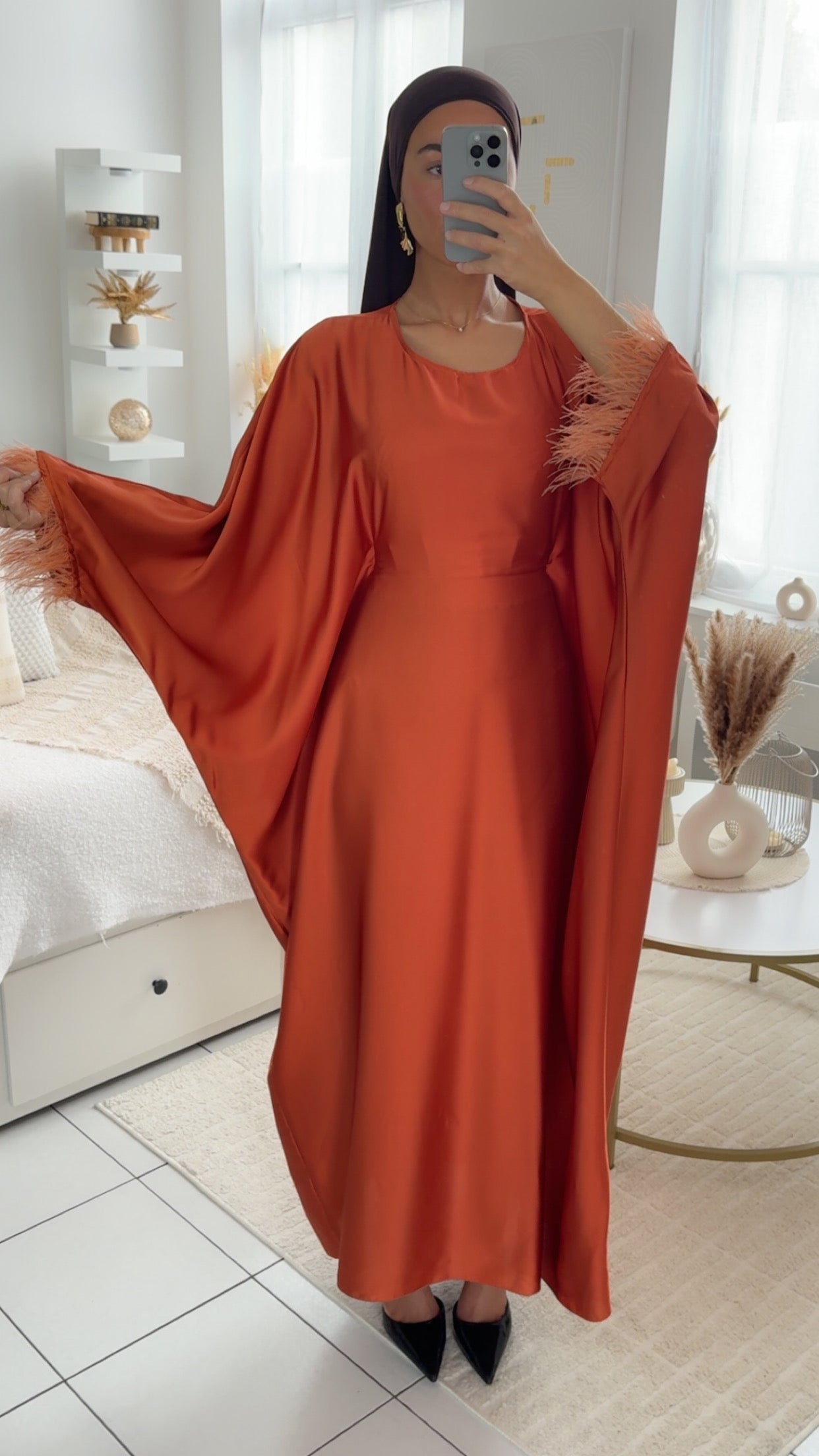 Abaya plume couleur rouille