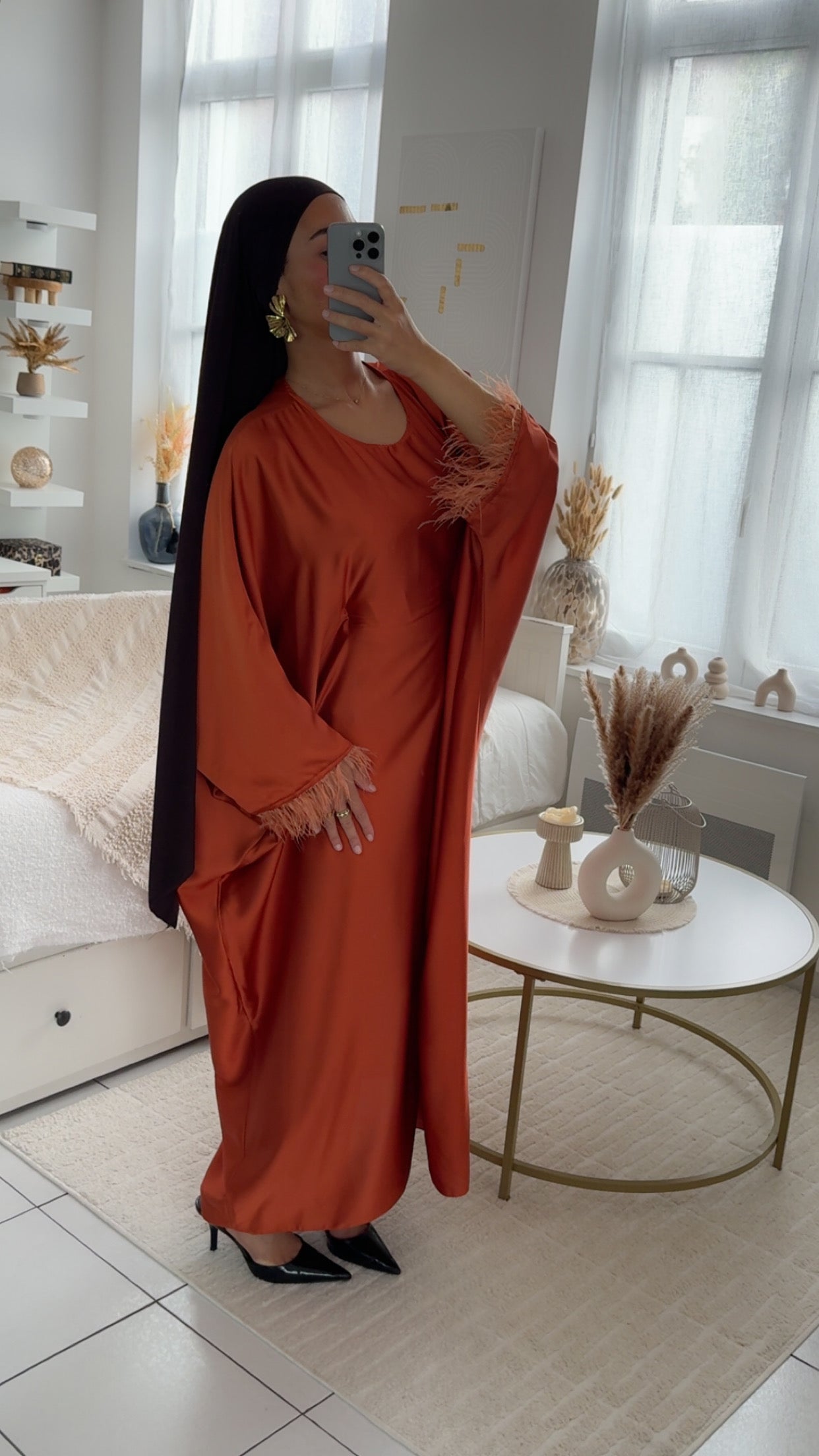Abaya plume couleur rouille