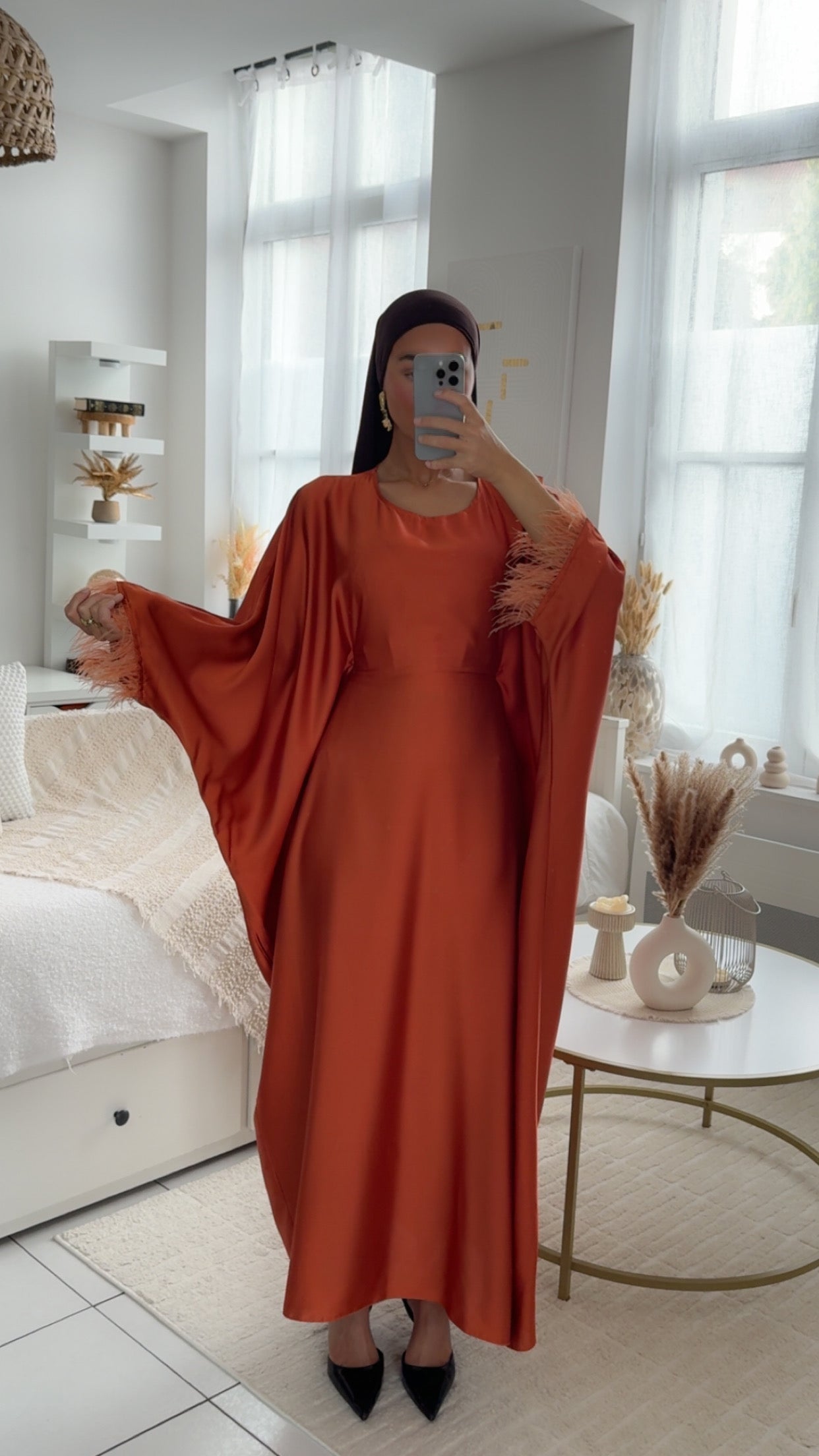 Abaya plume couleur rouille